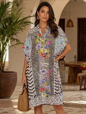Johnny Was Multicolor Silk Boho Floral Maxi Dress